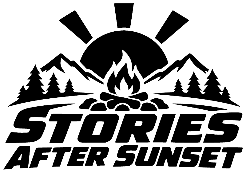 Black vinyl decal with campfire, mountain trees, and "Stories After Sunset" lettering