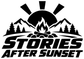 Black vinyl decal with campfire, mountain trees, and "Stories After Sunset" lettering