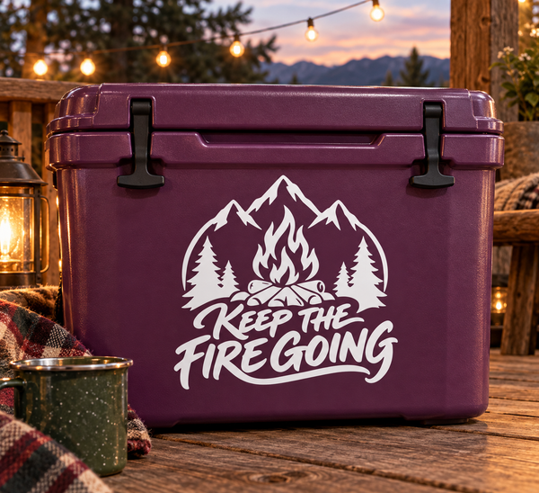 Vinyl decal with campfire, mountains, trees, and Keep the Fire Going text