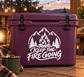 Vinyl decal with campfire, mountains, trees, and Keep the Fire Going text