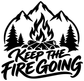 Black vinyl decal with campfire flames, mountain peaks, trees, and Keep the Fire Going
