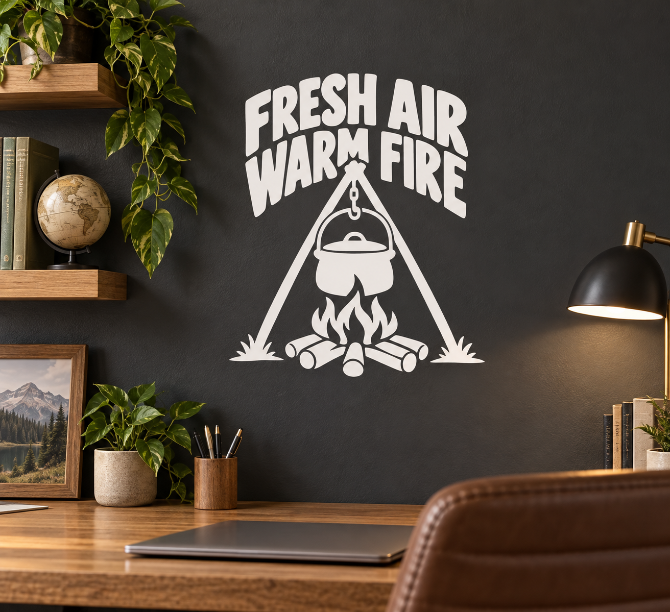 Vinyl decal reading FRESH AIR WARM FIRE with kettle over campfire flames