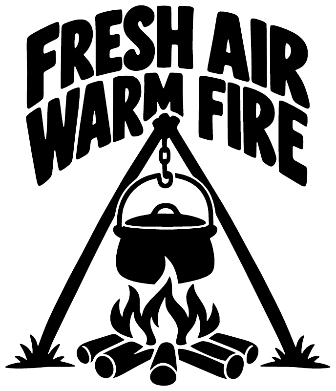 Vinyl decal close-up: FRESH AIR WARM FIRE with hanging kettle and fire