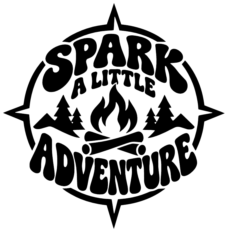 Campfire-themed vinyl decal with Spark A Little Adventure text