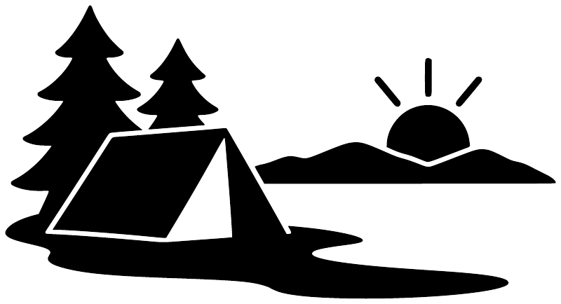 Black camping tent and pine tree vinyl decal with sun and mountains silhouette
