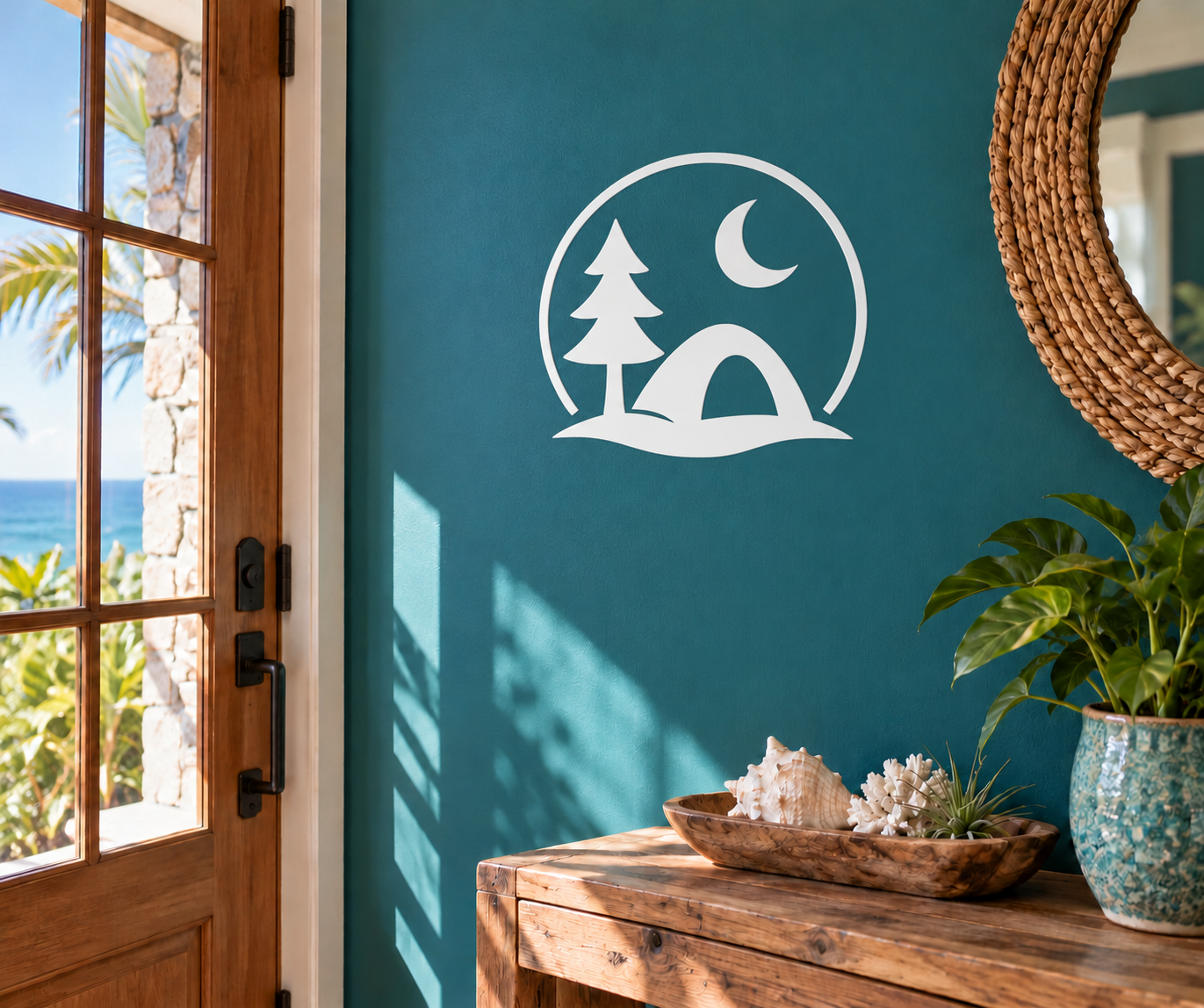 Camping vinyl decal: circular moon, pine tree, and tent icon in white