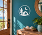 Camping vinyl decal: circular moon, pine tree, and tent icon in white