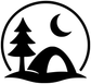 Camping vinyl decal close-up: black moon, pine tree, and tent on white circle