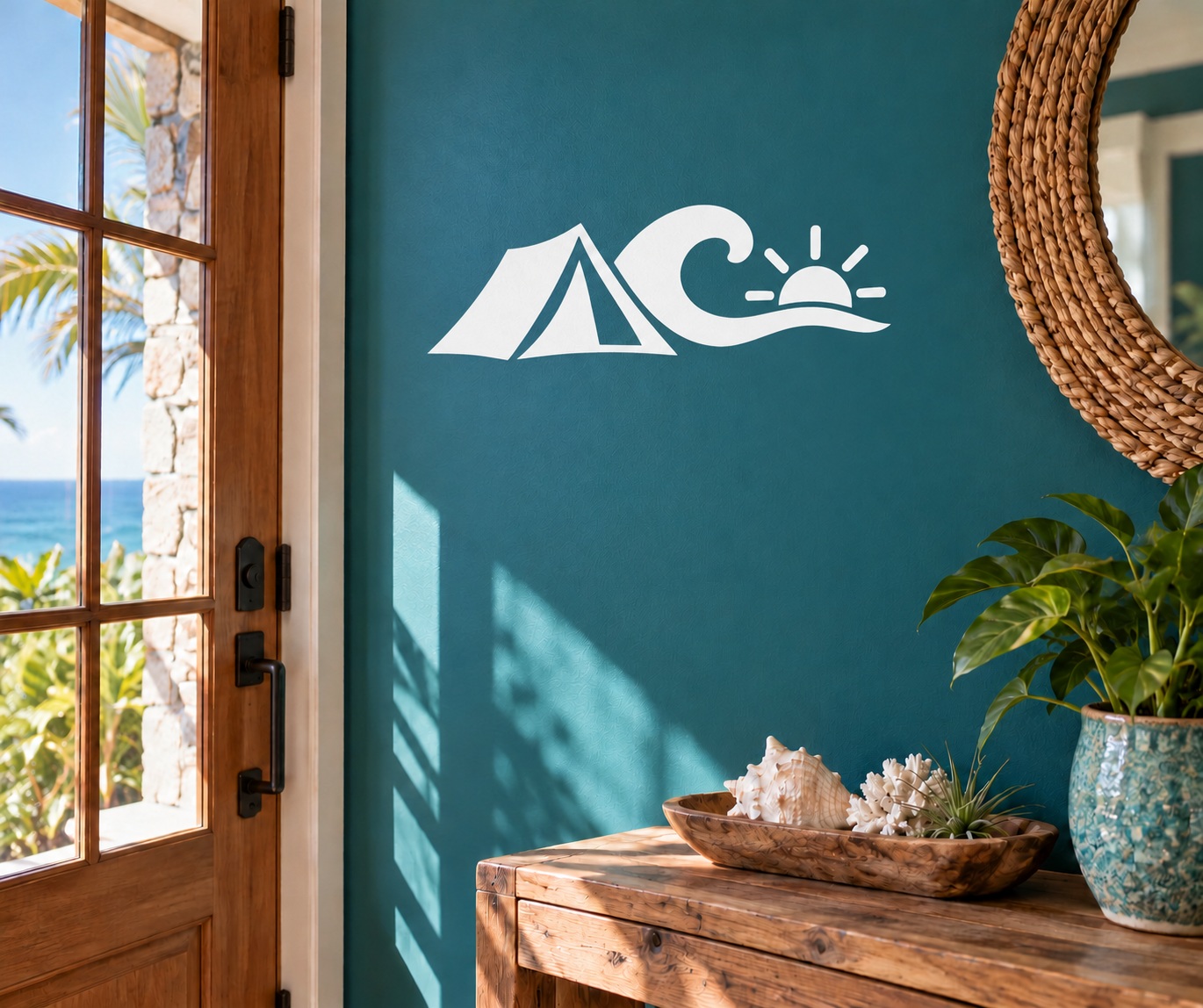 Camping wave vinyl decal with mountains, sun, and sailboat icon in white