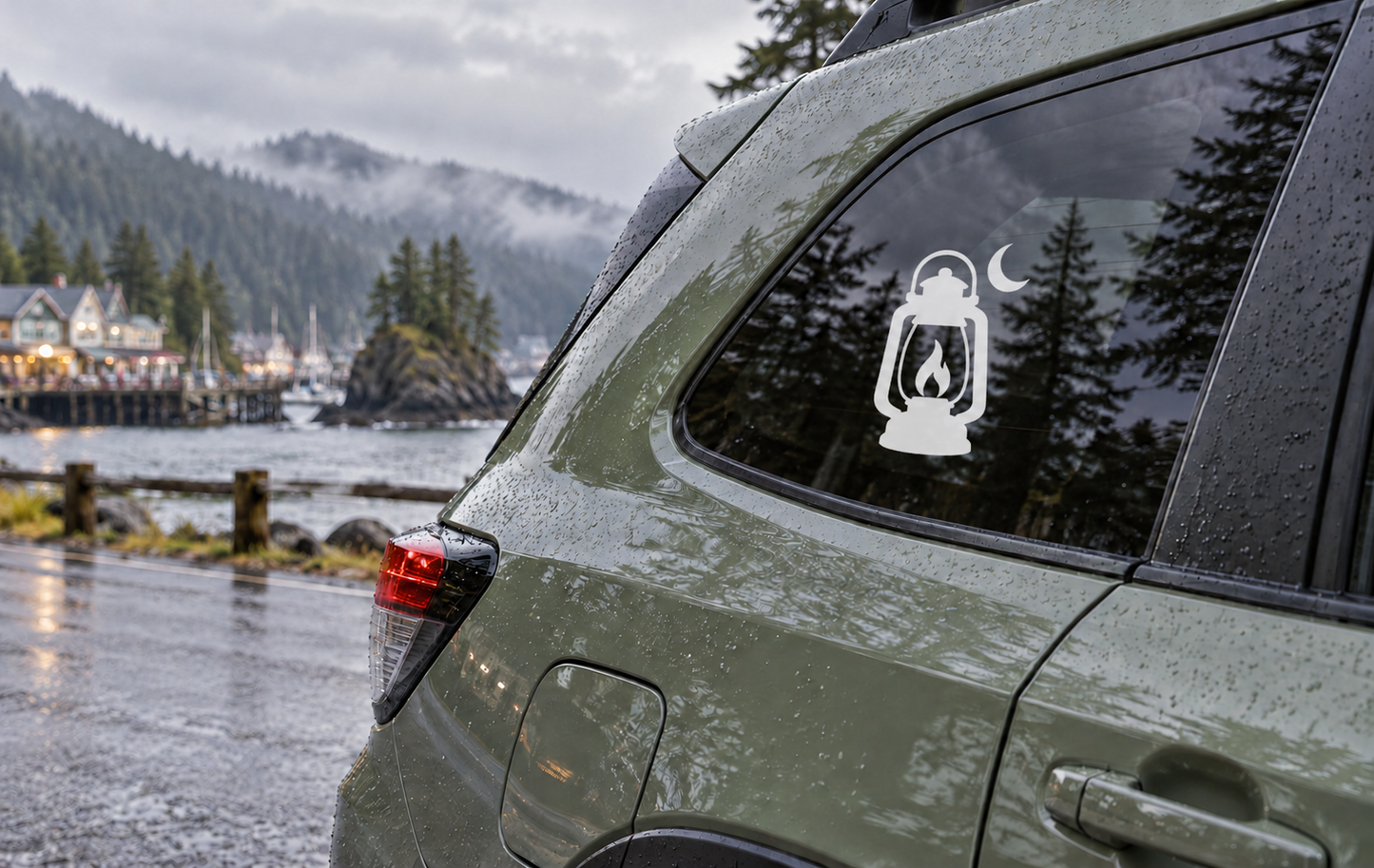 Vinyl camp lantern night decal on car window, white lantern and moon icon