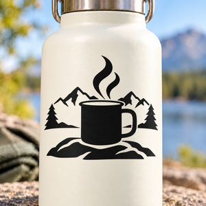 Vinyl decal graphic of black camp coffee mug with steam, mountains, and pine trees on bottle