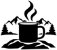 Camp coffee vinyl decal: black mug with steam over mountains, pine trees, and rocks