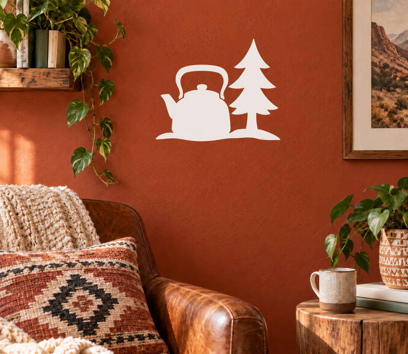 White vinyl camping kettle and pine tree decal