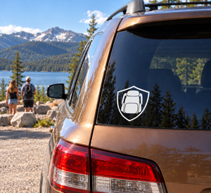Vinyl decal backpack logo on a vehicle window with shield outline