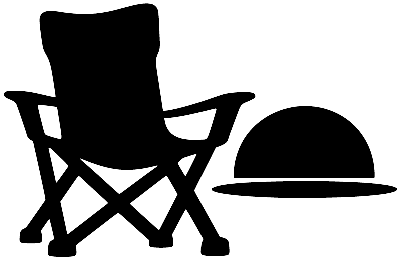 Black vinyl decal of reclining camp chair with sun and beach umbrella, flat silhouette