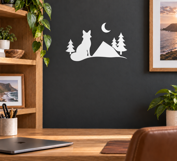 Vinyl wall decal of black fox sitting with tent, moon, and pine trees