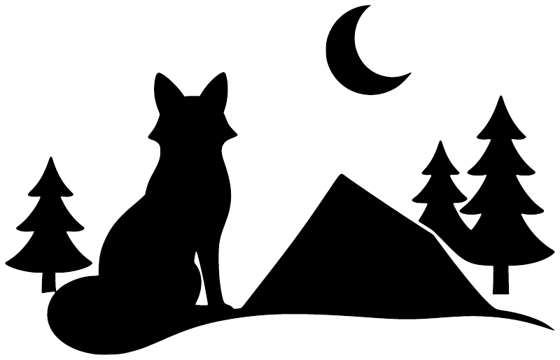 Black fox and tent vinyl decal with crescent moon and pine tree silhouettes
