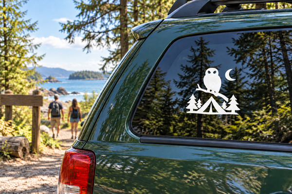 Camping night owl vinyl decal with tent, pine trees, and crescent moon