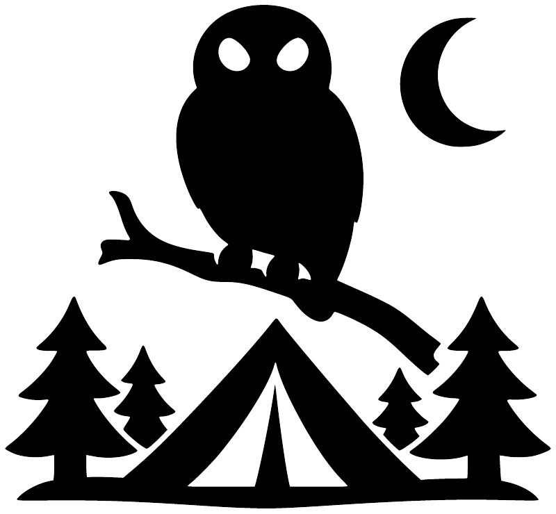 Black owl vinyl decal with crescent moon, tent, and pine forest silhouettes