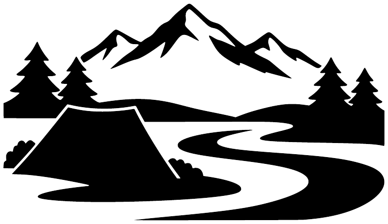 Black and white vinyl decal graphic of mountains, trees, and winding switchback trail
