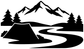 Black and white vinyl decal graphic of mountains, trees, and winding switchback trail