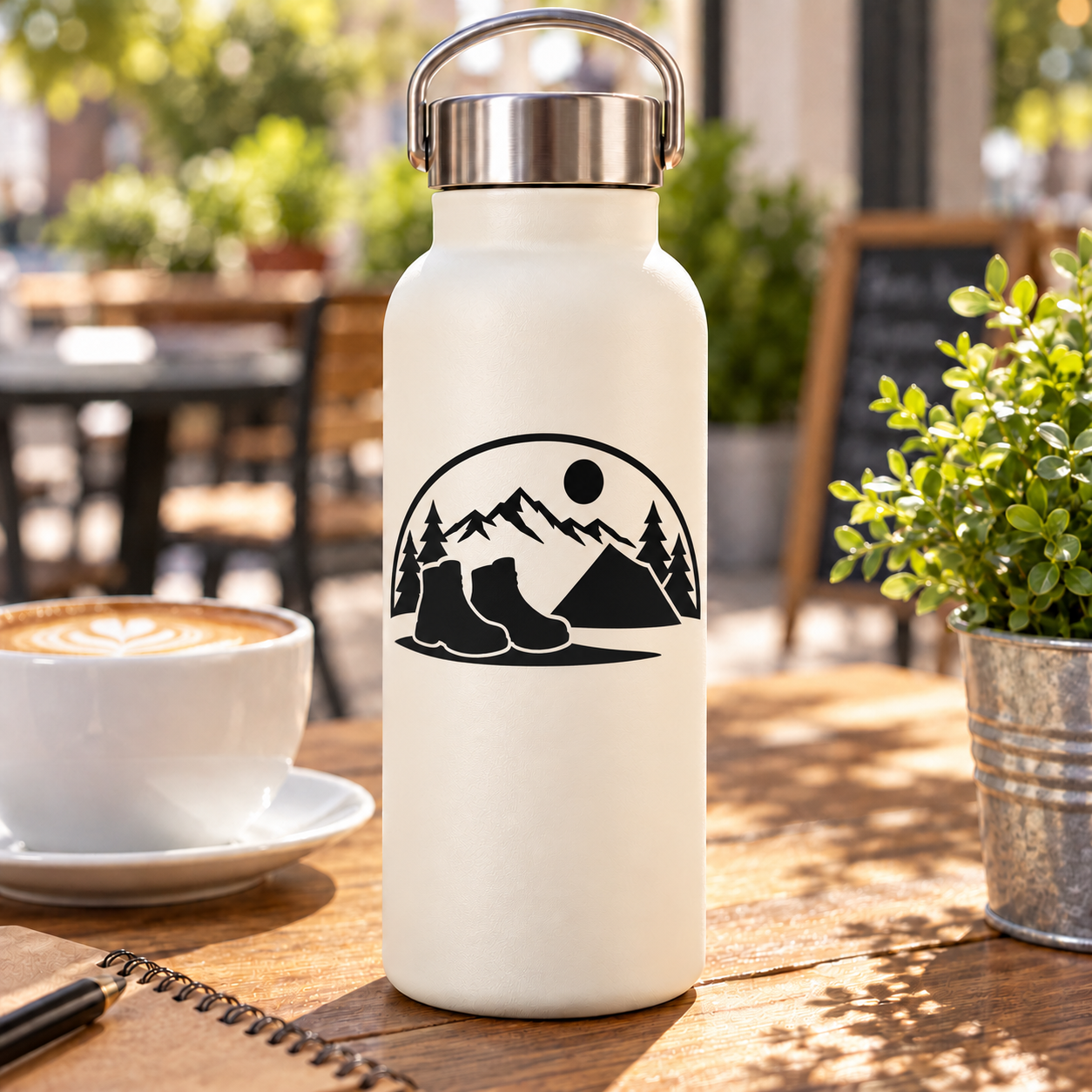 Camp Trail Boots camping vinyl decal featuring black boots and mountain scene