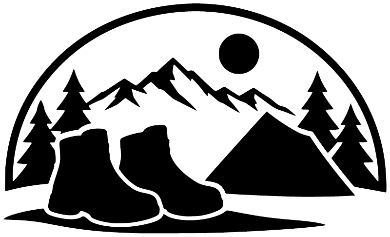 Camp Trail Boots vinyl decal with black boots, mountains, pine trees, and moon