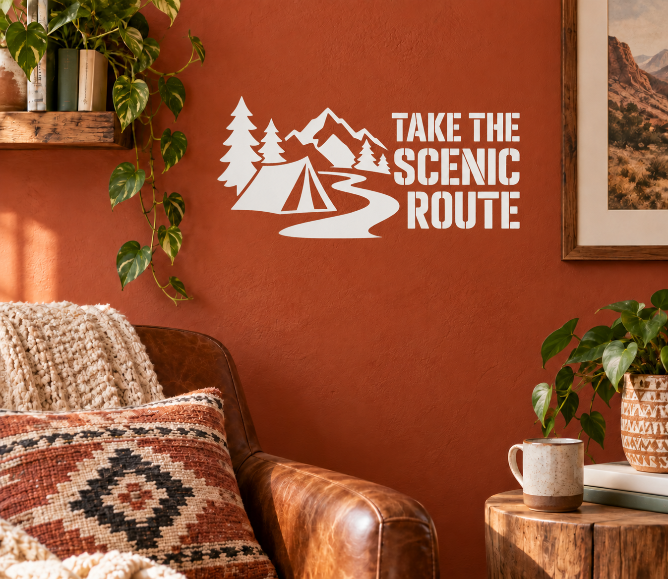White vinyl decal: TAKE THE SCENIC ROUTE with trees and mountain