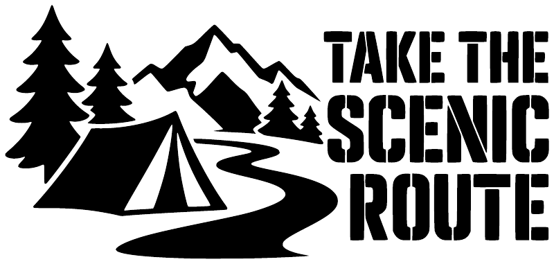Black and white vinyl decal: TAKE THE SCENIC ROUTE with pine trees and tent