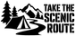 Black and white vinyl decal: TAKE THE SCENIC ROUTE with pine trees and tent