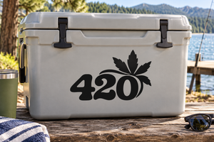 Black 420 vinyl decal with cannabis leaf, placed on a white cooler front.