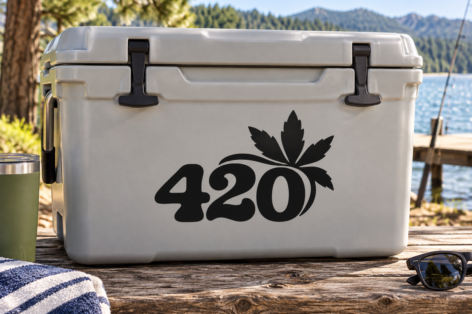 Black 420 vinyl decal with cannabis leaf, placed on a white cooler front.