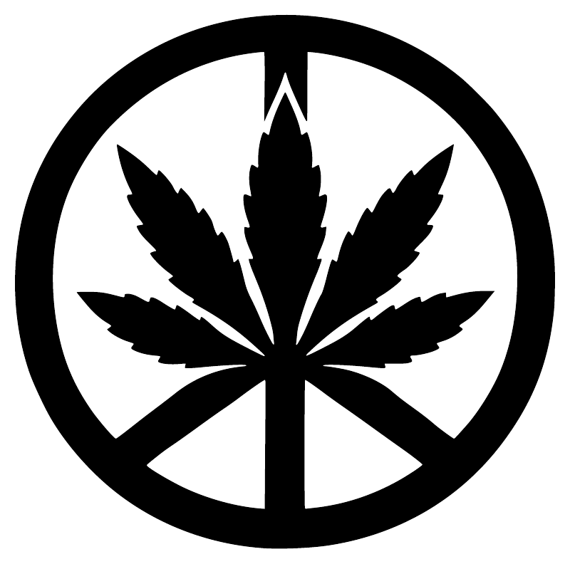 Black circular vinyl decal featuring a cannabis leaf peace symbol with bold lines