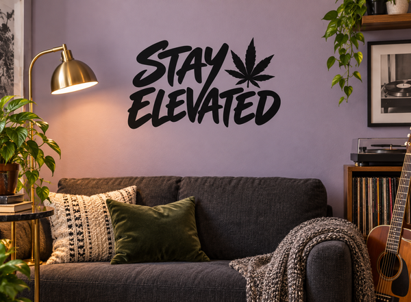 Stay Elevated vinyl decal with cannabis leaf icon, black wall lettering