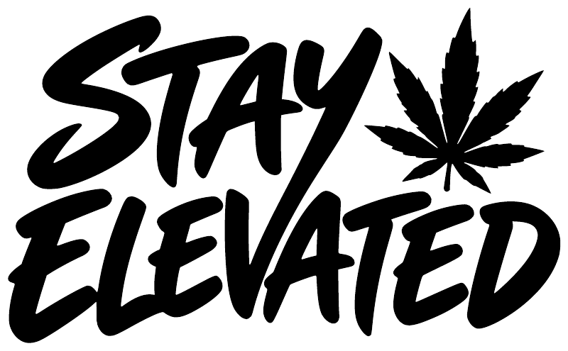 Stay Elevated vinyl decal text with cannabis leaf graphic, black lettering