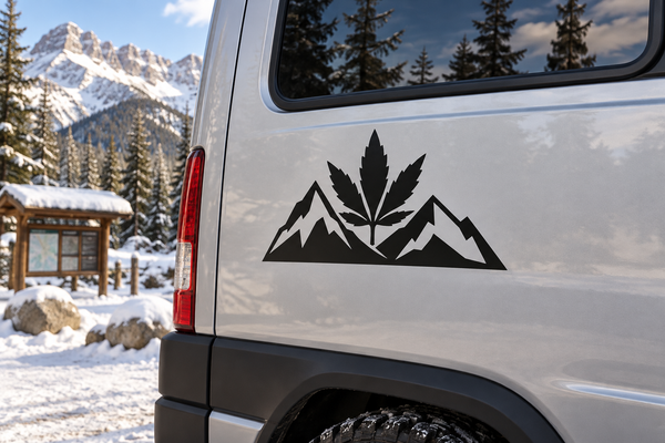 Black cannabis leaf and mountain vinyl decal on car door panel