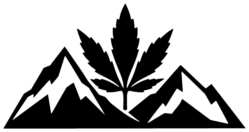 Black cannabis leaf over mountain range vinyl decal design