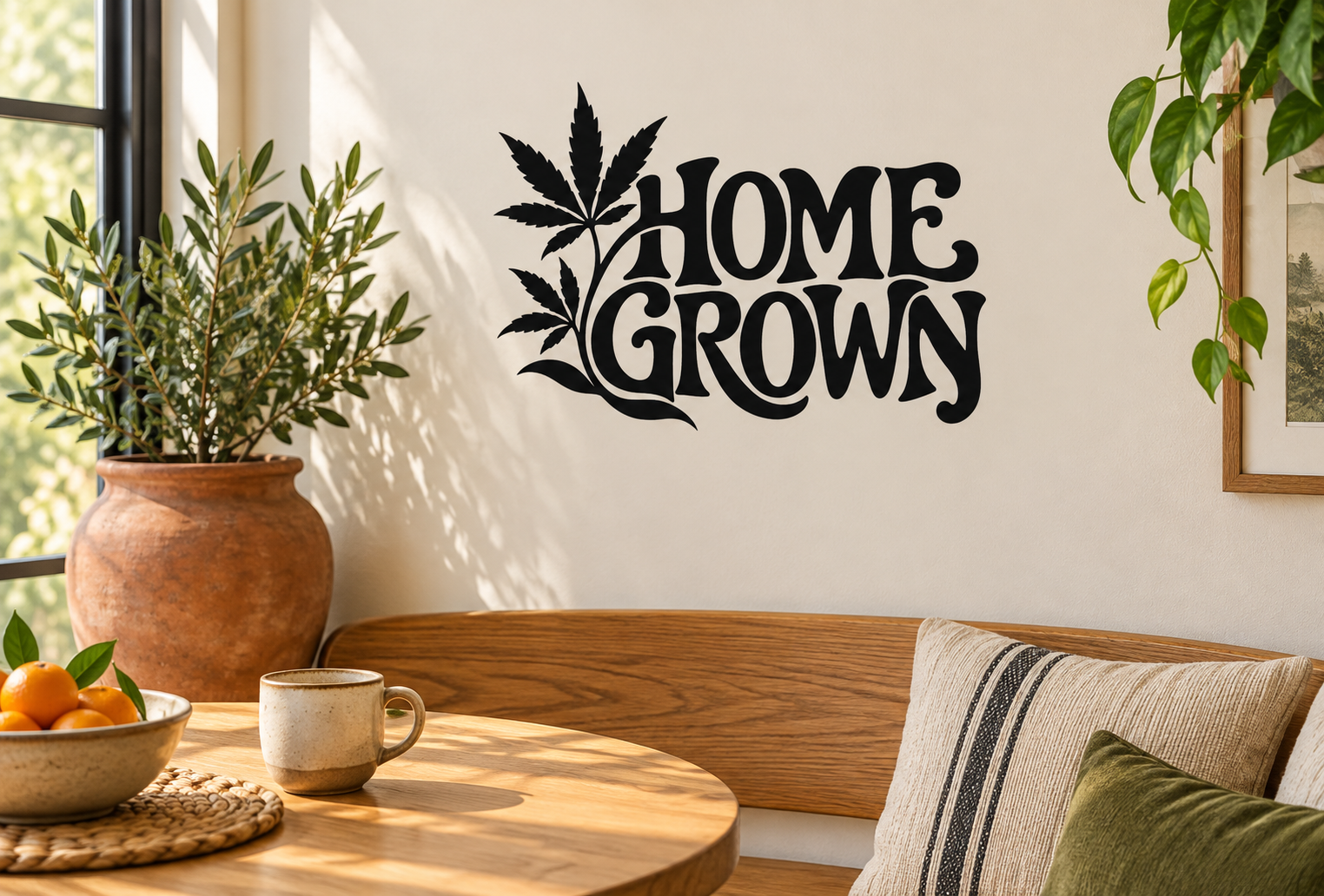 Home Grown vinyl decal with cannabis leaf and arched bold lettering