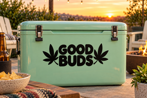 Mint vinyl decal with bold black “GOOD BUDS” text and cannabis leaf icons