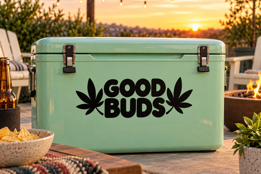 Mint vinyl decal with bold black “GOOD BUDS” text and cannabis leaf icons
