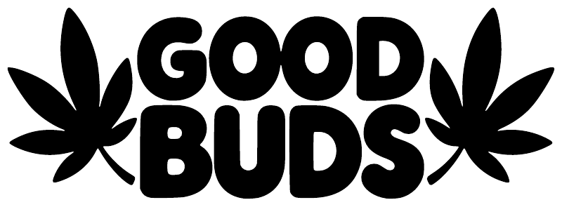 Close-up black “GOOD BUDS” vinyl decal with cannabis leaf graphics on both sides