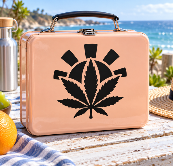 Vinyl cannabis leaf decal with black emblem and radiating shapes, centered