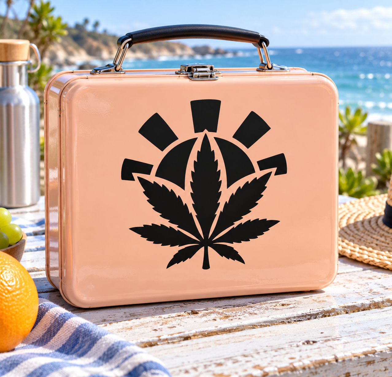 Vinyl cannabis leaf decal with black emblem and radiating shapes, centered
