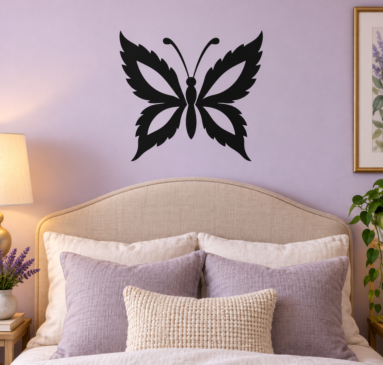 Cannabis butterfly vinyl decal, black wings with pale lavender leaf-like inner shapes