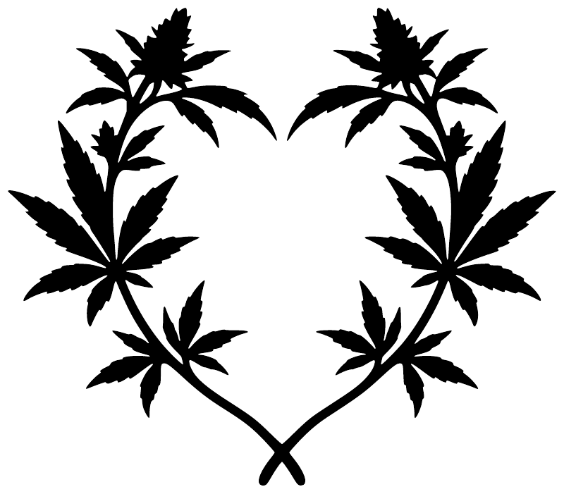 Heart-shaped cannabis leaf vinyl decal close-up, black leaf clusters forming heart