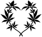 Heart-shaped cannabis leaf vinyl decal close-up, black leaf clusters forming heart