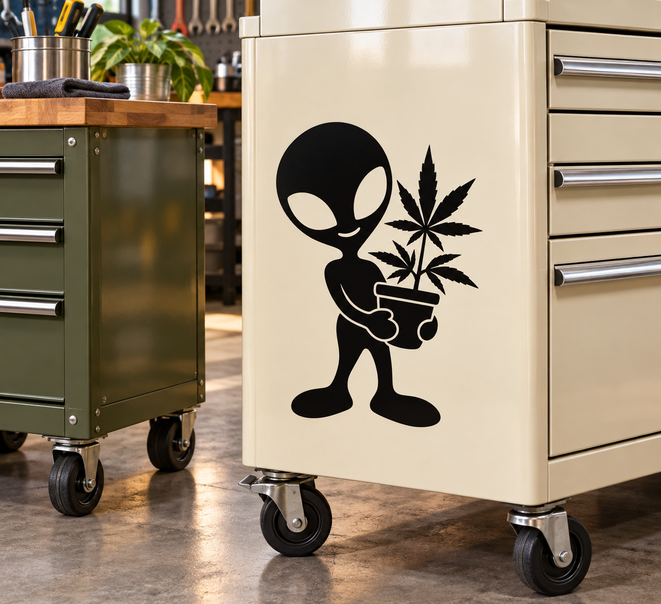 Alien botanist vinyl decal: black alien holding cannabis leaf bouquet on light surface.