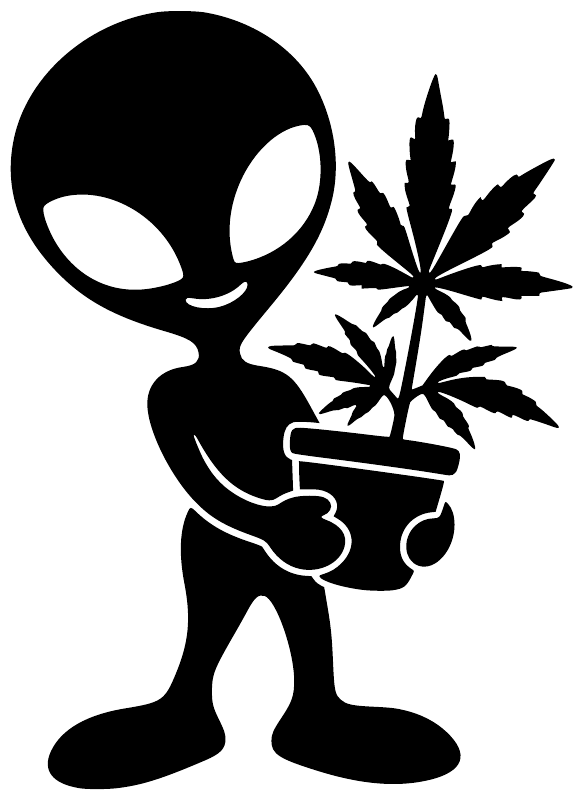 Alien botanist vinyl decal close-up: black alien with cannabis leaves in hand.