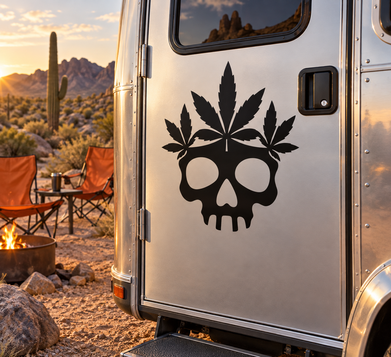 Black cannabis skull vinyl decal on a metal door panel