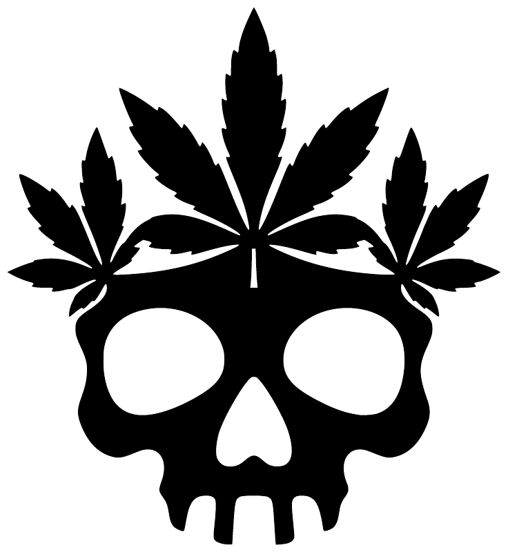 Black cannabis skull vinyl decal with leaf crown and white eye cutouts
